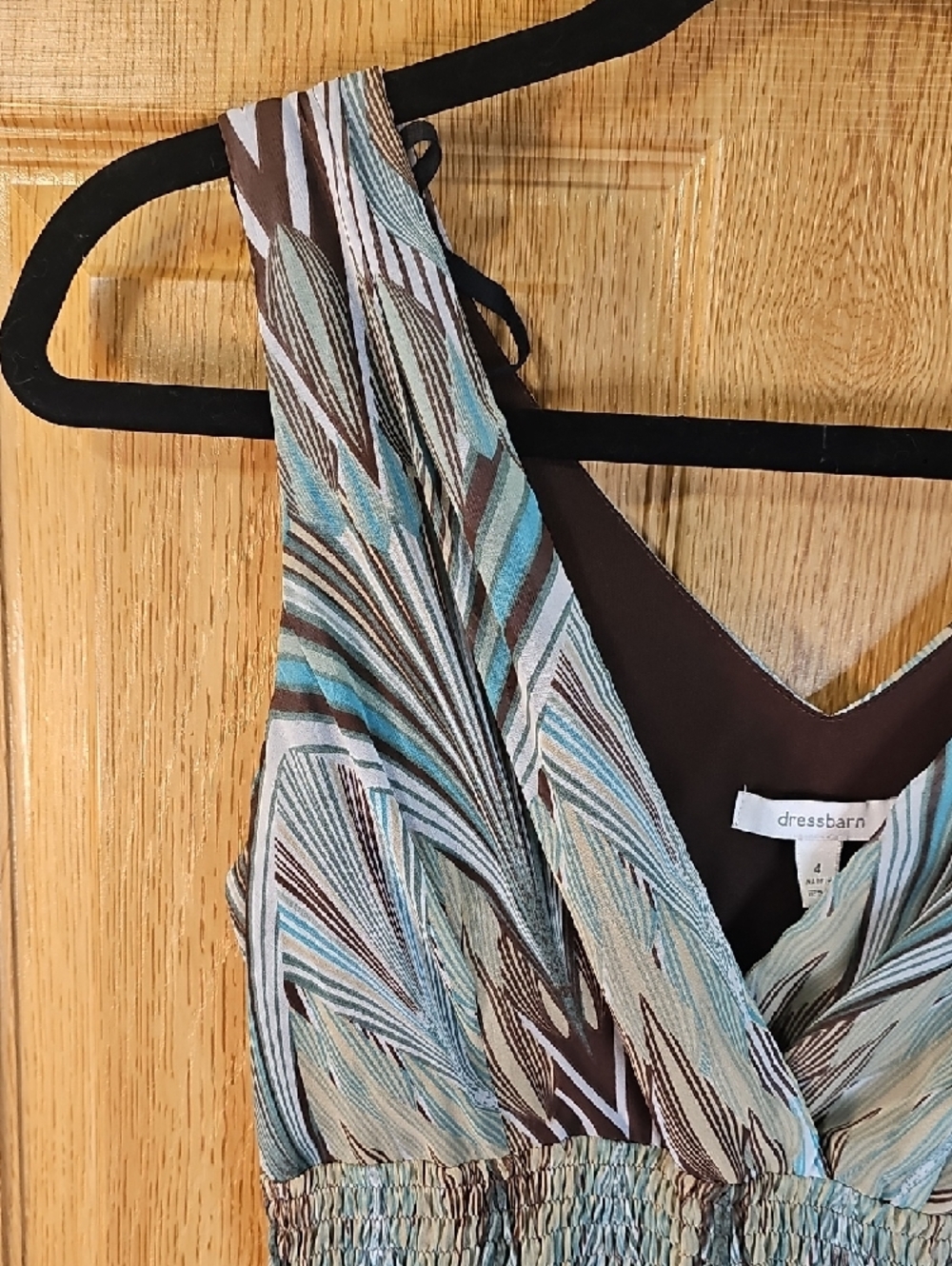 dressbarn Teal, Brown and Cream V-Neck Smocked Waist Midi Dress - Picture 4 of 10